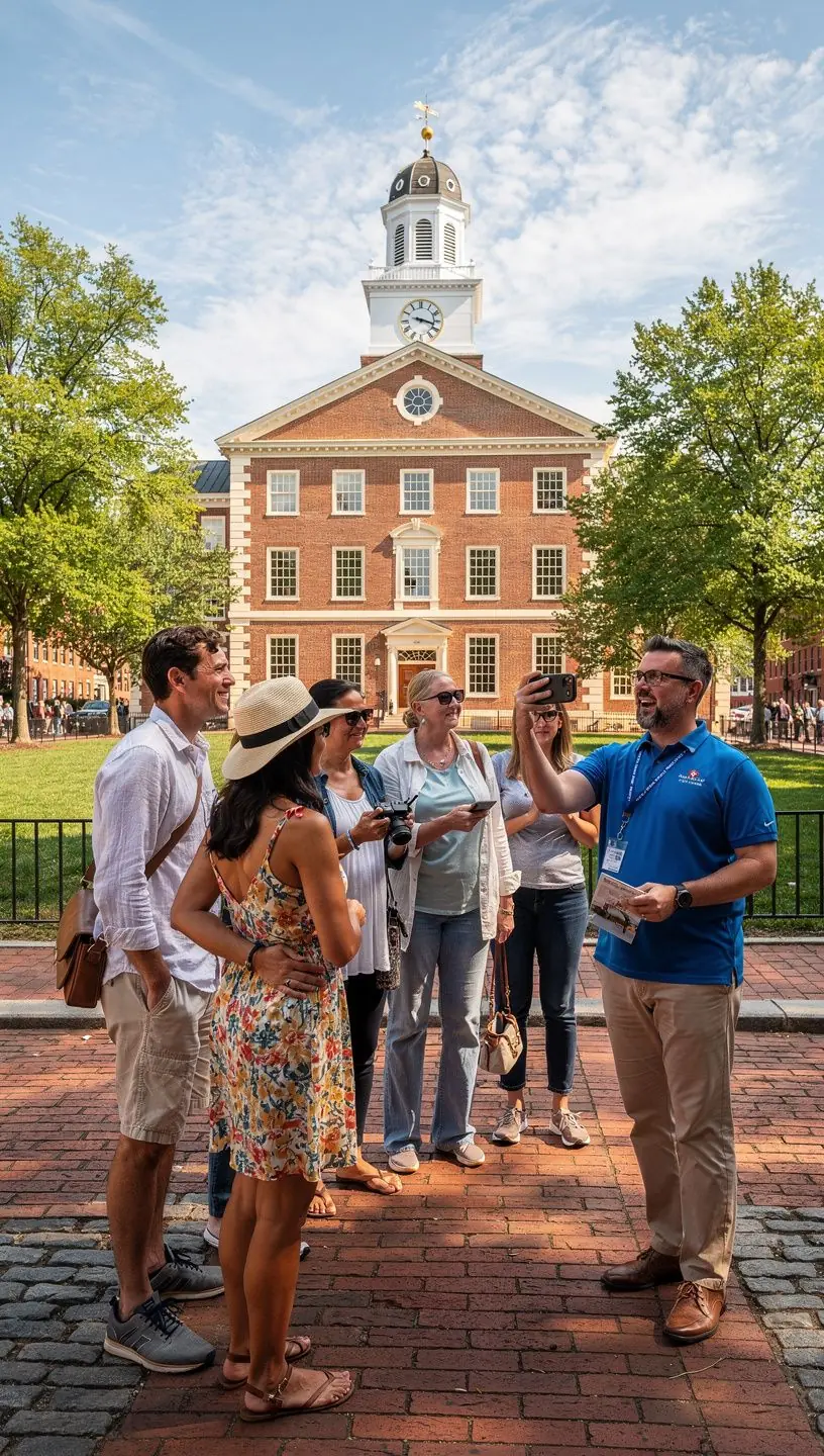 Grupa turystów na zwiedzaniu w Waszyngtonie, podziwiających imponujące monumeny i słuchających anegdot o ich budowie.
