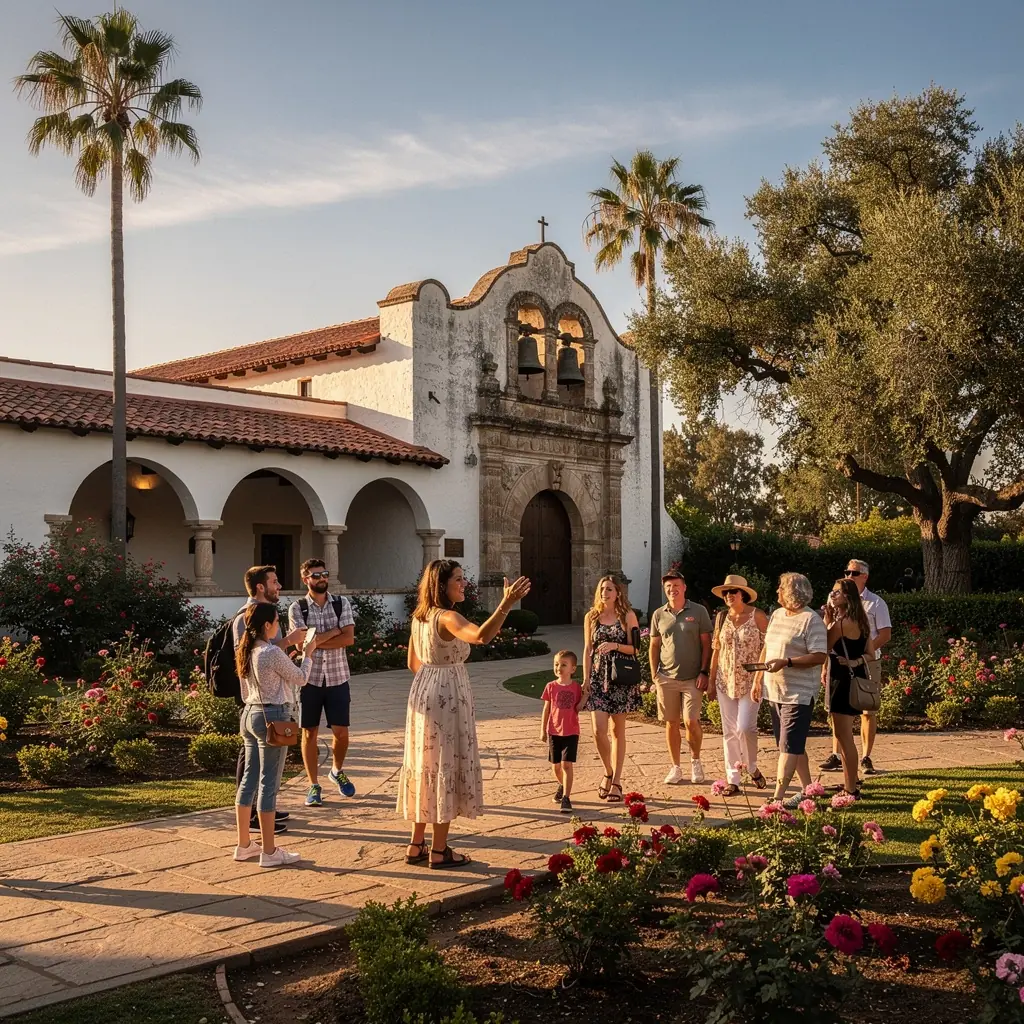 Pojazd turystyczny zatrzymujący się przy znanym pomniku, z turystami robiącymi zdjęcia.