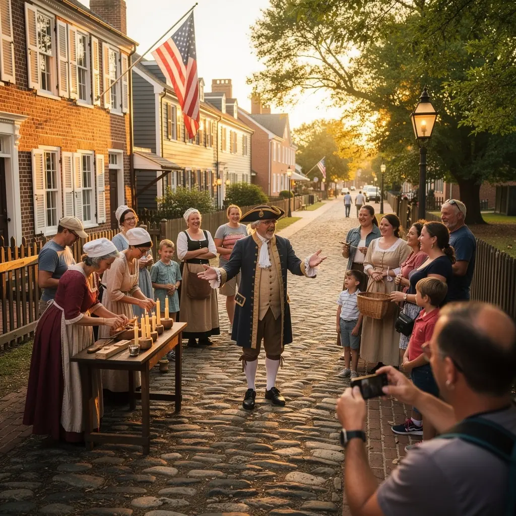 Grupa turystów zwiedzających historyczną dzielnicę miasta z przewodnikiem.