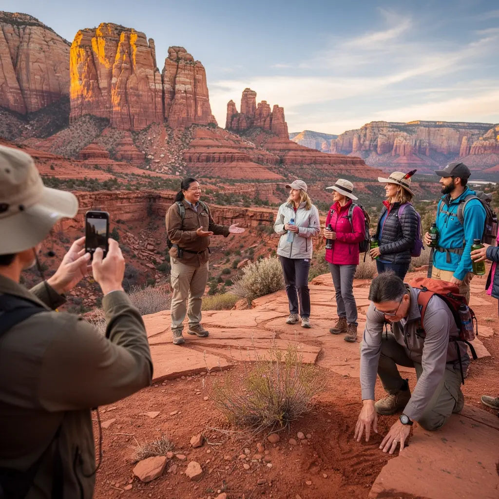 Grupa turystów zwiedzających historyczne budynki w Nowym Jorku z przewodnikiem.