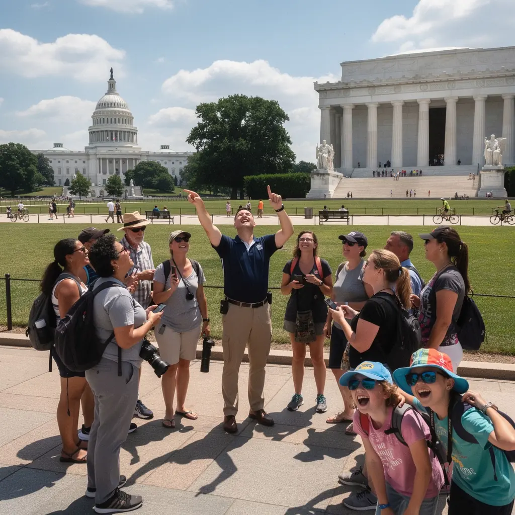 Imponująca architektura budynków w Waszyngtonie z opisem historycznym w tle.